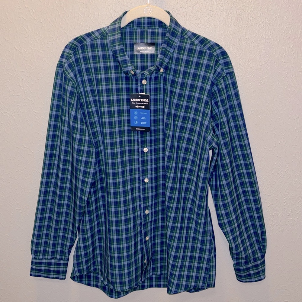 Lands End Plaid Preppy Shirt Moisture Wicking Non Iron Men’s Size Medium NWT
